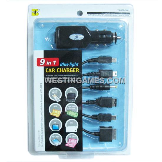 9 in 1 Blue Light Car Charger for PSP/PSP GO/DS/DSL/DSI/Mobile Phone/MP3/MP4