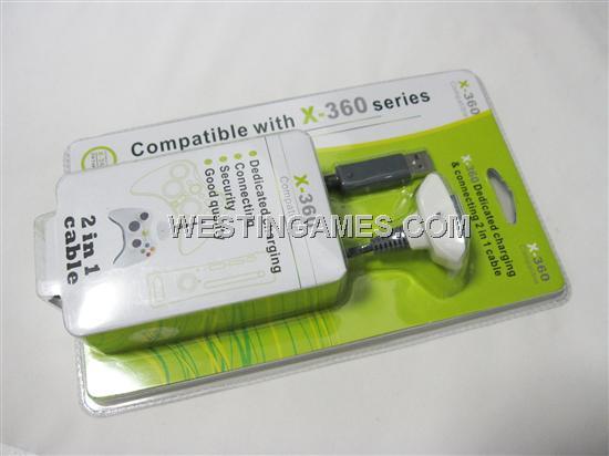 2in1 Dedicated Charging and Connecting Cable for XBOX360 Wireless Controller - White