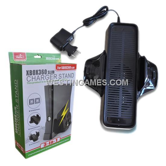 3-IN-1 Double Fan Cooling Vertical Stand with Dual Charger Charging Dock for Xbox360 Slim