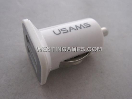 Universal USAMS Mini Dual USB Ports Car Charger Adapter for iPhone/ iPad/Samsung/ HTC/PSP/DSi -White
