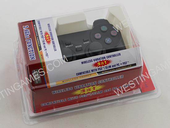 3-in-1 2.4G Wireless Vibration Handle Controller for PS3 PS2 and PC - Black