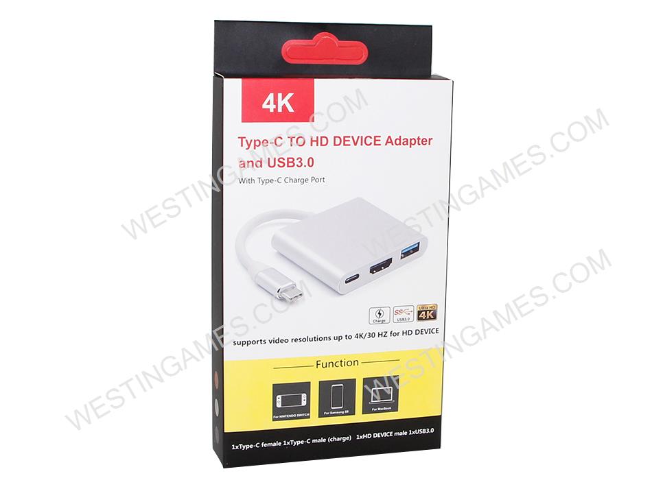 3in1 Type-C 4K 30Hz HD Dock Converter Adapter for Ns Switch Samsung S8 Macbook - Grey