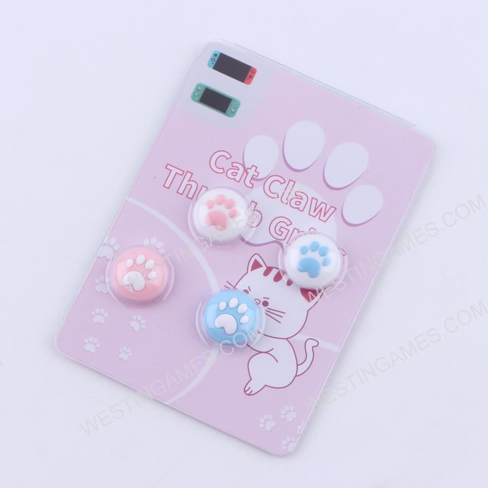 New 4in1 Cut Cat Paw Thumb Grips Analog Caps Silicone Rubber For NS Switch - Blue and Pink