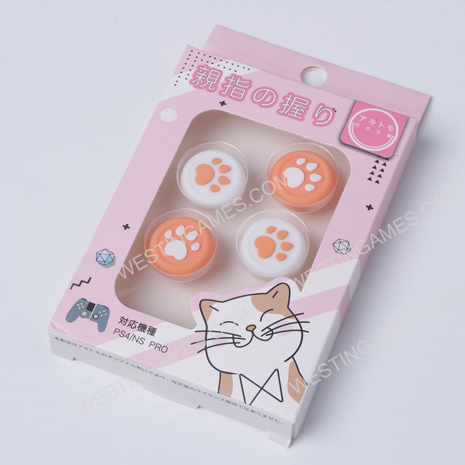 4in1 Cut Cat Paw Thumb Grips Analog Caps Silicone For Switch Pro and PS4 Orange and White