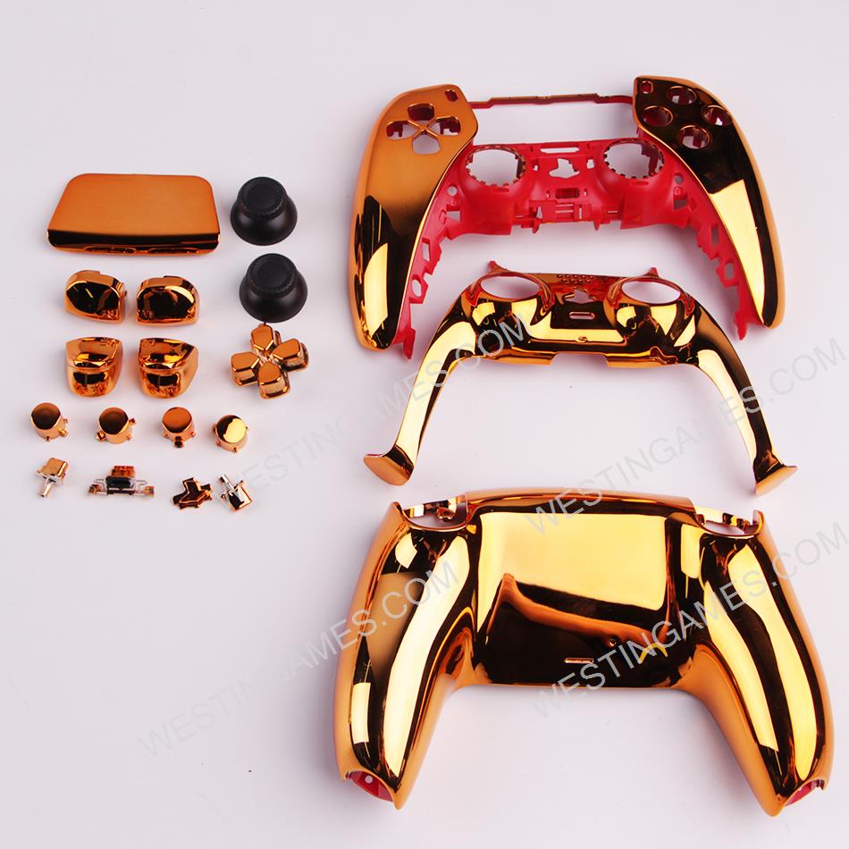 Replacement Complete Mirror Chrome Housing Shell Case with Button Kit for Playstation 5 PS5 Dualsence Controller - Orange