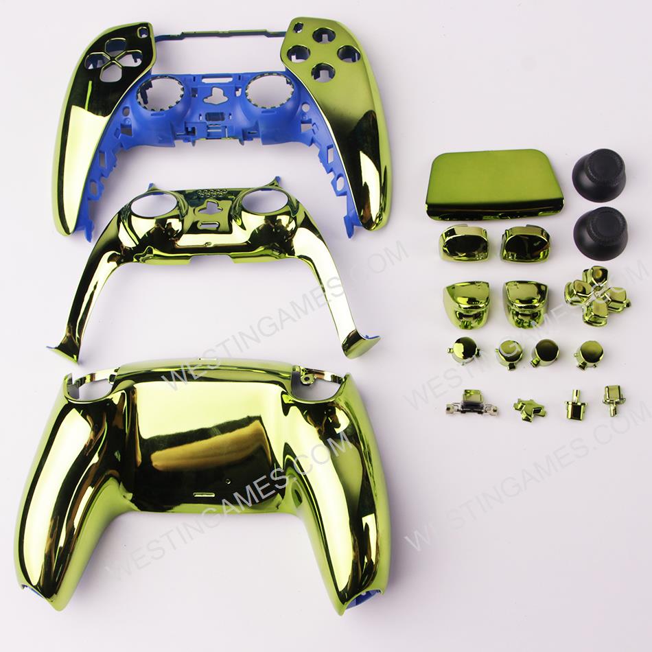 Replacement Complete Mirror Chrome Housing Shell Case with Button Kit for Playstation 5 PS5 Dualsence Controller - Green