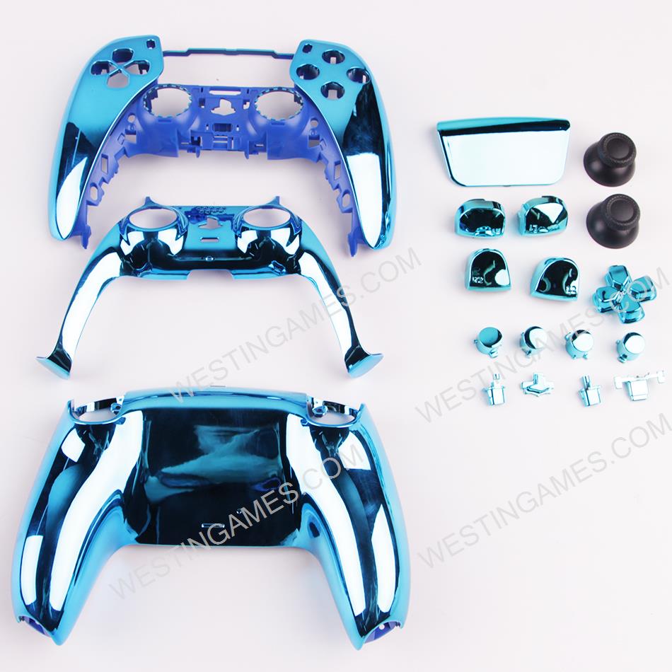 Replacement Complete Mirror Chrome Housing Shell Case with Button Kit for Playstation 5 PS5 Dualsence Controller - Blue
