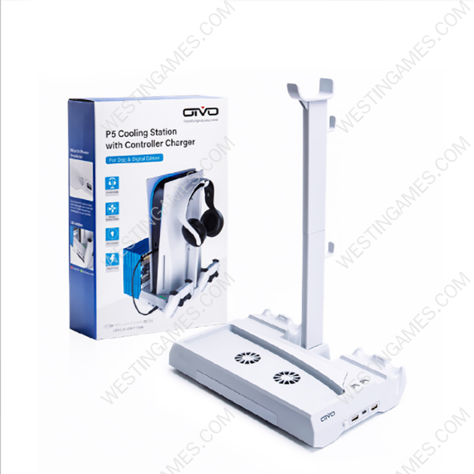 Multifunctional Cooling Stand with Cooler Discs Slot and Dual Controller Charging Dock Headphone Stand IV-P5249 for PS5 White