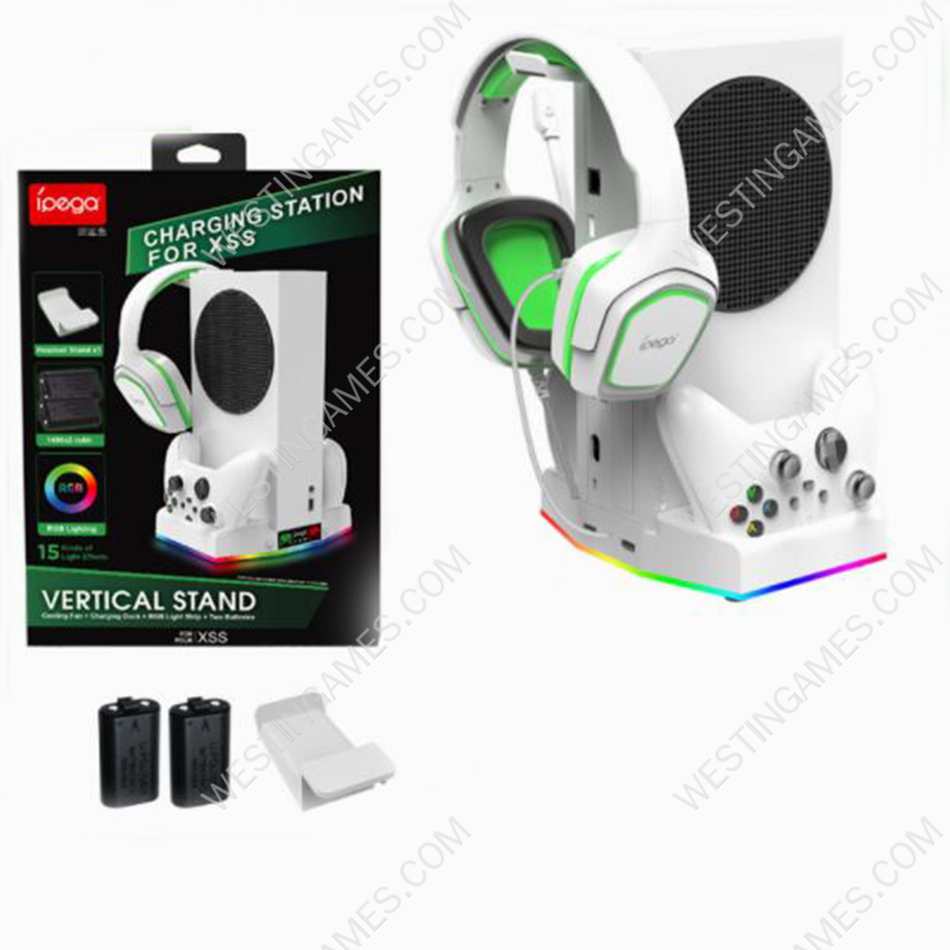 RGB Light Controller Charging Vertical Stand with Cooling Fan 2PCS Battery and Earphone Handle for XBOX Series S Console