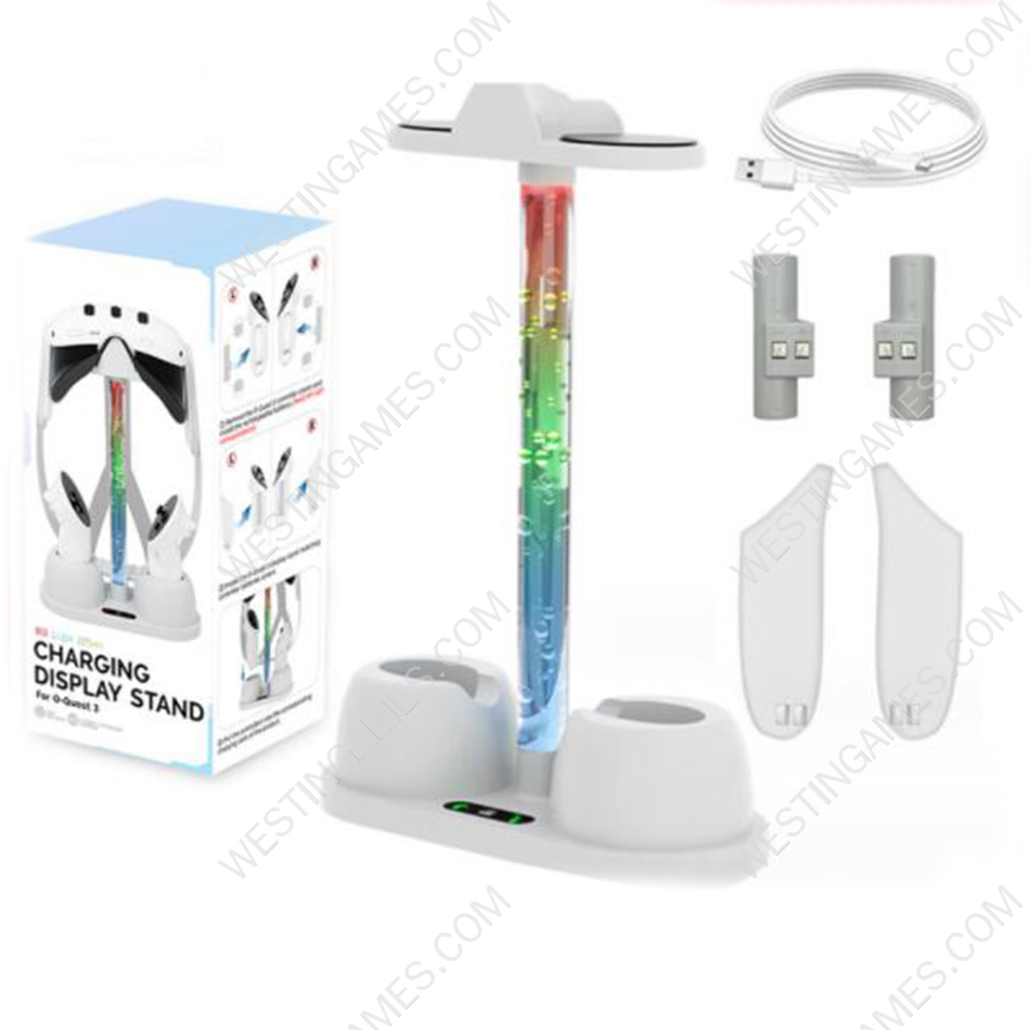 Rainbow Controller Charging Stand with Colorful RGB light and Glasses Store with Battery Set for Oculus/Meta Quest 3