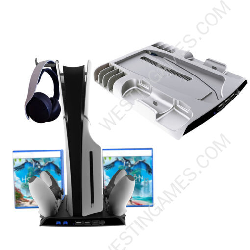 Multifunctional Cooling Stand with Headphone Holder Discs Slot and Controller Charging Dock for PS5 Slim