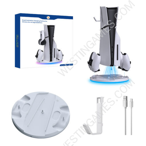 Version Base Bracket with Storage Rack Controller Charging Dock and colorful lights for PS5 Slim Host HUD and DE Console
