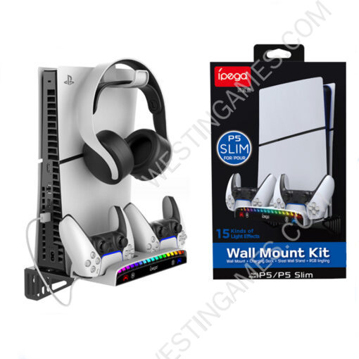 Wall Mount Controller Charging Base Dock Station with Cooling Fan and RGB Light For PS5 Slim Disc and Digital Editions