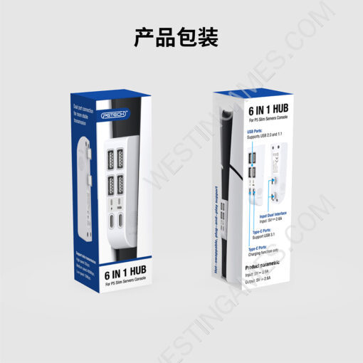 USB Hub 2.0 High-Speed Expansion Hub with 2 Type-C USB 3.1 Fast Charger Transfer Adapter for PS5 Slim White