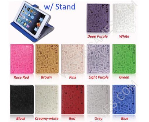 Leather Folio Stand Cover Case Embossed w/ Cute Lovely Girl for iPad mini (w/ Plastic Stand) -Colors