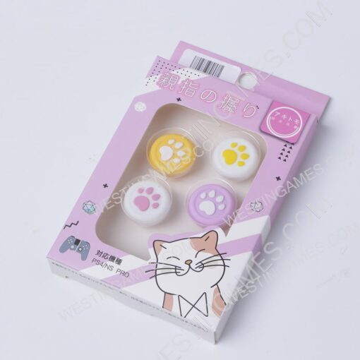 4in1 Cut Cat Paw Thumb Grips Analog Caps Silicone For Switch Pro and PS4 Purple and Yellow