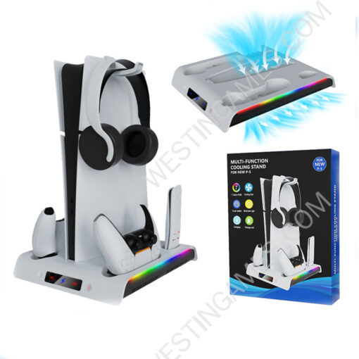 Square Controller Charging Base Dock Station with RGB Cooling Fan For Playstation 5 Slim Disc and Digital Editions