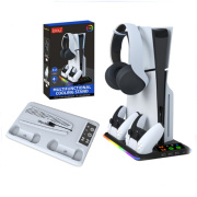 Multifunctional Cooling Stand Cooler Dual Charging Dock Station With Hook RGB Light HA-8008 For PS5/PS5 Slim Console White