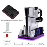 Dualsense and Portal Controller Charging Base Dock Station with RGB Cooling Fan and Headphone Stand For Playstation 5 Slim Black