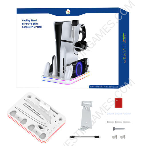 Dualsense and Portal Controller Charging Base Dock Station with RGB Cooling Fan and Headphone Stand For Playstation 5 Slim White