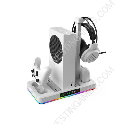 Colorful Lights Cooling Fan Charging Station With Headphone Hook and Controller Stand for Xbox Series X Console White