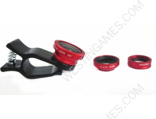 LX-U002 3 in 1 Universal Lens Clip w/ Fisheye, Macro and Wide Angle for iPhone/Samsung/ iPad - Red